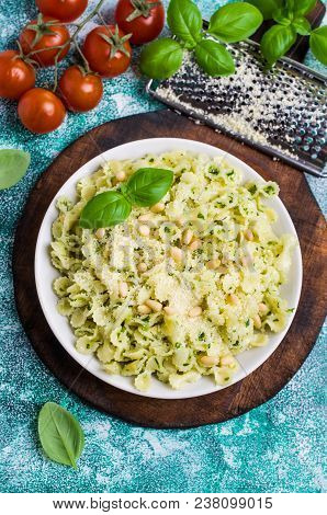 Traditional Italian Pasta With Pesto In A Plate On The Table. Selective Focus.
