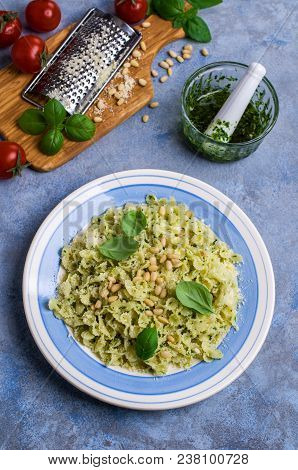 Traditional Italian Pasta With Pesto In A Plate On The Table. Selective Focus.