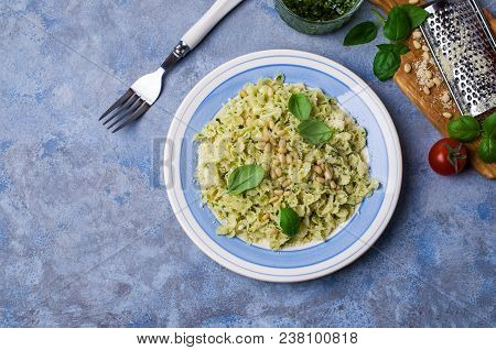 Traditional Italian Pasta With Pesto In A Plate On The Table. Selective Focus.