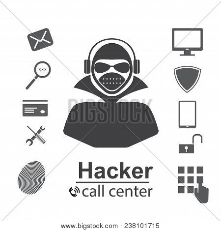 Cyber Crime Concept. Hacks Password,flat Style Icons Hacker, Virus, Bug, Spam And Social Engineering