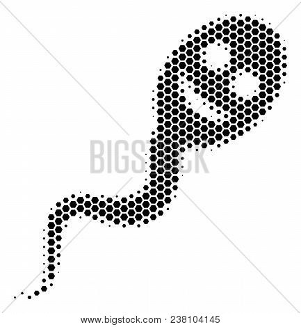Halftone Hexagonal Happy Spermatozoon Icon. Pictogram On A White Background. Vector Collage Of Happy