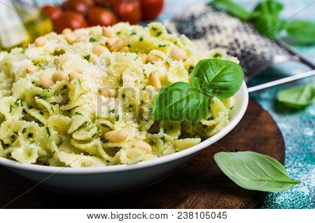 Traditional Italian Pasta With Pesto In A Plate On The Table. Selective Focus.