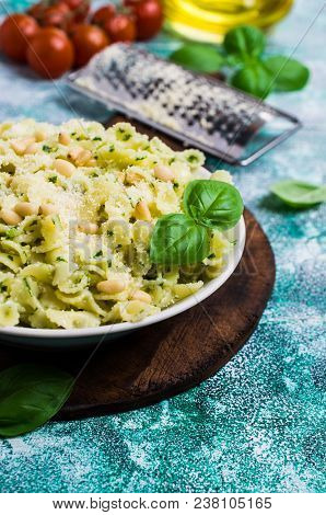 Traditional Italian Pasta With Pesto In A Plate On The Table. Selective Focus.