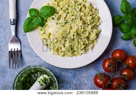 Traditional Italian Pasta With Pesto In A Plate On The Table. Selective Focus.
