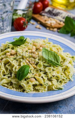 Traditional Italian Pasta With Pesto In A Plate On The Table. Selective Focus.