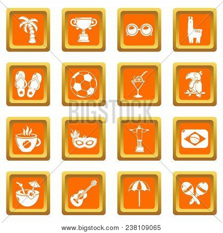 Travel Brazil Icons Set Vector Orange Square Isolated On White Background