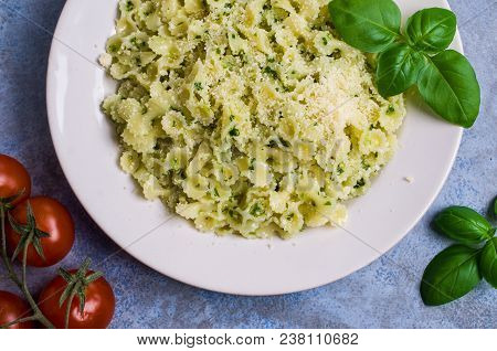 Traditional Italian Pasta With Pesto In A Plate On The Table. Selective Focus.
