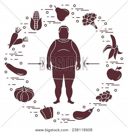 Fat Man With Healthy Food Around Him. Healthy Eating Habits. Design For Banner And Print.