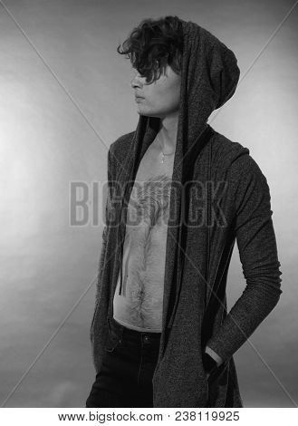 Man Portrait. Beautiful Young Guy, Naked Nude Torso With Navel, Long Forelock, Quiff. Black And Whit