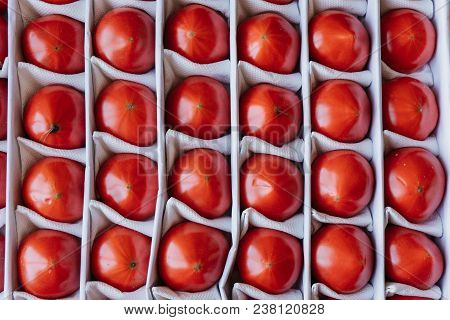 Ripe Tomatoes In A Box, Top View.