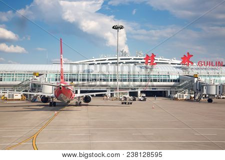 Guilin - October 02:  Planes preparing for take off at Guilin International Airport on October 2, 2017 in Guilin, China. Guilin is popukar tourist destination on the sounth of China