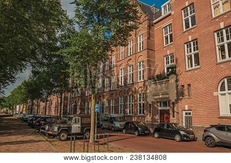 S-hertogenbosch, Southern Netherlands - July 01, 2017. Empty Street With Semidetached Brick Houses, 