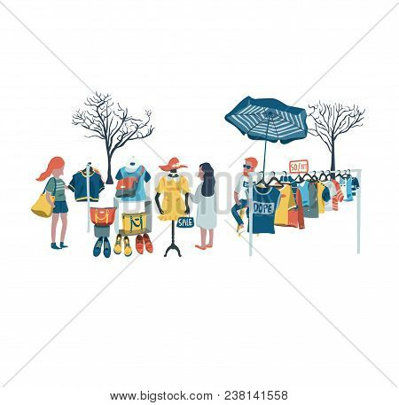 The Man Selling Clothes And Secondhand Stuffs At Flea Market, All In Colorful Doodle Cartoon Flat De