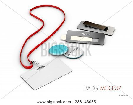 Blank White And Red Badges. Pin Button. 3d Illustration Realistic Mockup.
