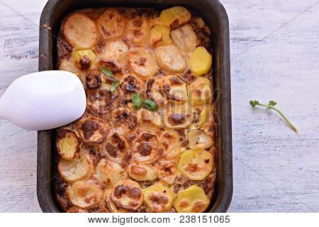Moussaka, Potato-based Dish Popular In Balkan And Mediterranean Cuisines/ Traditional Greek Moussaka
