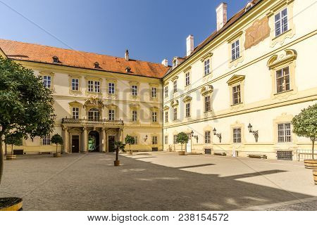 Valtice, Czech Republic - April 19,2018 - View At The Courtyard Of Valtice Castle. The Town Valtice 