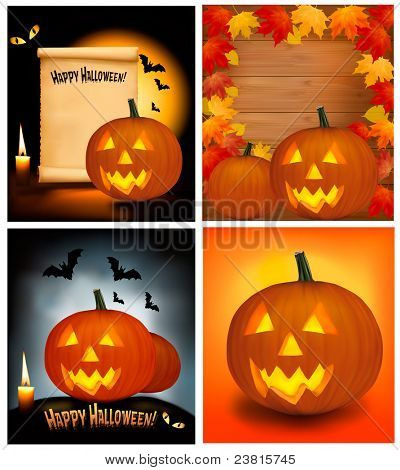 Sada Halloween pozadí s strašidelné dýně, netopýry, kočičí oči a svíčku. Vektor.