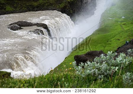 Gullfoss Waterfall, Iceland - July 19, 2017: Gullfoss,  Most Spectacular Waterall, Two Cascades On T