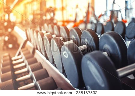 Rows Of Dumbbells In The Gym With Hign Contrast And Monochrome Color Tone
