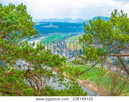 Saxon Switzerland. View Of Elbe And Lilienstein. Spring Landscape. View From Above. The Nature Reser