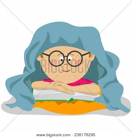 Nerd Smiling Boy Wearing Glasses Lies In Bed Under A Blanket Reading An Interesting Book.
