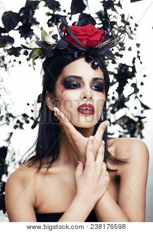 Pretty Brunette Woman With Rose Jewelry, Black And Red, Bright Make Up Kike A Vampire Closeup Red Li