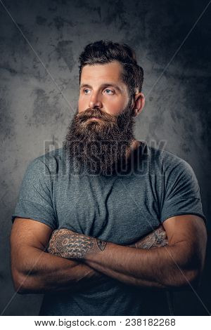 Brutal Bearded Male With Tattoos On Arms Over Grey Background.