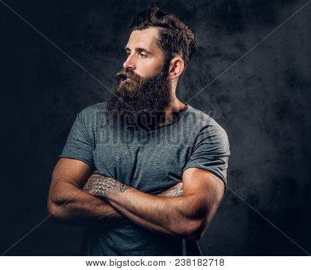 Brutal Bearded Male With Tattoos On Arms Over Grey Background.