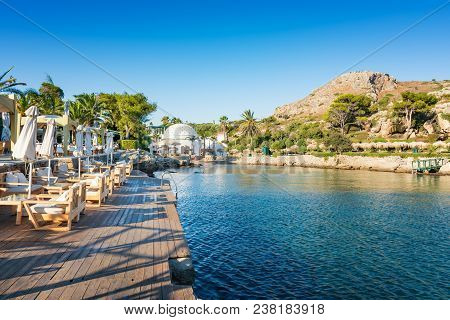 View Of Kalithea Bay With White Dome (rhodes, Greece)