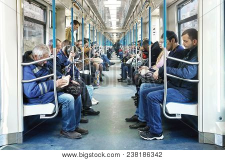 Moscow, Russia - April 20, 2018. Interior Of A Moscow Subway Car In The Morning Of A Workday. Moscow