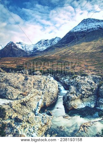 The Fairy Pools With Waterfall. The River Bellow  Majestatic Glen Brittle Mountain, Popular Hikers T