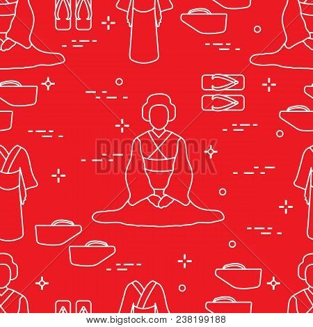 Seamless Pattern With Asian Woman, Traditional Japanese Clothing, Shoes. Travel And Leisure.