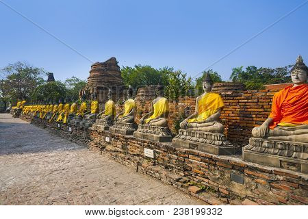 Buddha Statues At The Temple Of Wat Yai Chai Mongkon In Ayutthaya, Thailand