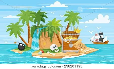 Vector Cartoon Style Illustration Of Pirate Ship, Island And Treasure Chest Full Of Gold.  Tropical 
