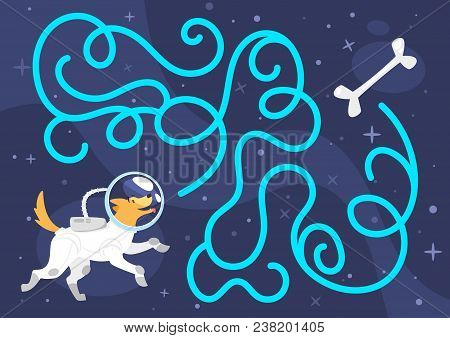 Vector Cartoon Style Illustration Of Kids Space Board Game Template. Help The Dog Get A Bone. For Pr