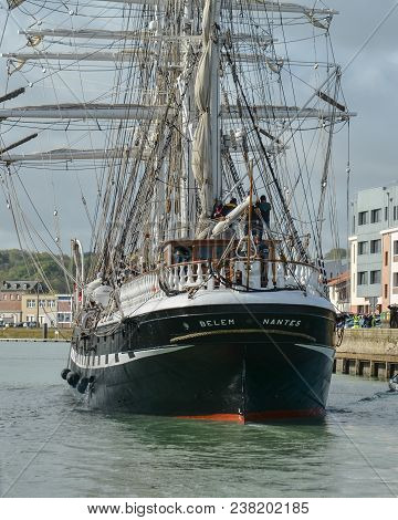 Dieppe, France - April 26, 2018: Full Rigged Historical Ship Belem. Launched: 10 June 1896 Homeport 