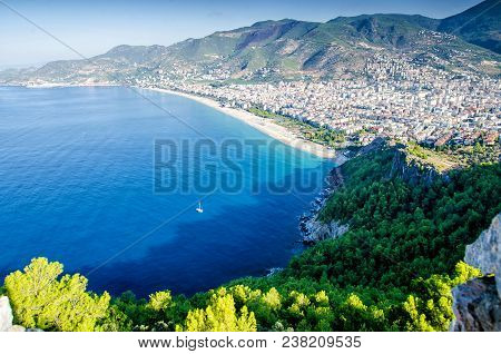 Beautiful View Of The Fortress And The City From Above. Landscape Of Turkey. Alanya