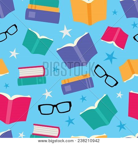 Vector Colorful Books Seamless Pattern Background. Surface Pattern Design Perfect For Fabric, School
