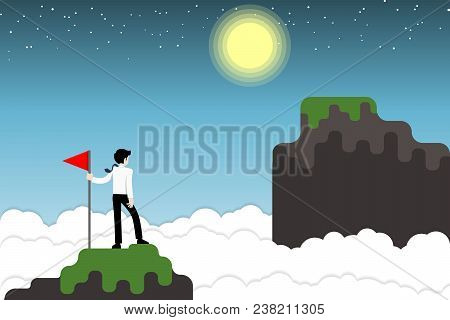 Business Man Standing On The Top Of The Mountain With Success Flag