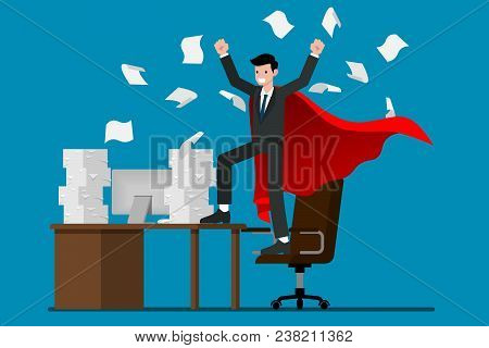 Businessman Success At The Desk With A Lot Of Work. Flat Vector Illustration Design Of Employee Char