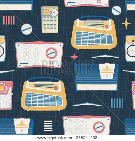 Vector Primary Dark Navy Vintage Radios Seamless Pattern Background. Surface Pattern Design Perfect 