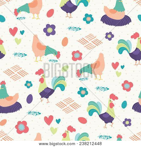 Vector Bright Chickens White Background Seamless Pattern. Surface Pattern Design Perfect For Fabric,