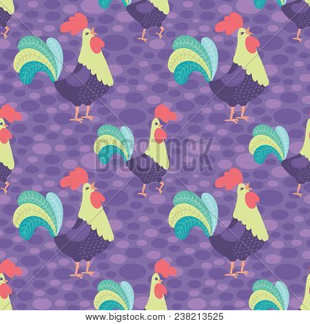 Vector Bright Purple Rooster Seamless Pattern Background. Surface Pattern Design Perfect For Fabric,