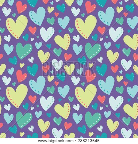 Vector Bright Colorful Hearts Purple Seamless Pattern Background. Perfect For Fabric, Scrap Booking,