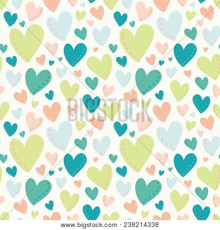Vector Bright Hearts Green Peach Teal Seamless Pattern. Perfect For Fabric, Scrap Booking, Kids Room