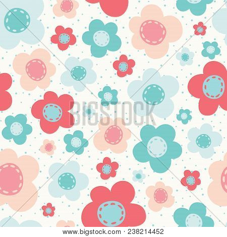Vector Bright Colorful Flowers Pink Blue White Seamless Pattern Background. Perfect For Fabric, Scra