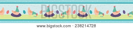 Vector Hens Farm Scene Seamless Border. Border Design Perfect For Fabric, Scrap Booking, Stationary,