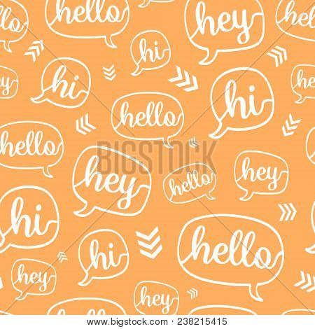 Vector Orange White Hello Speech Bubble Seamless Pattern Background. Surface Pattern Design Perfect 