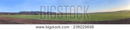 Panoramic View Of Field In Wintertime In Thuringia, Harz, Germany