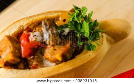 Goulash With Large Pieces Of Meat And Vegetables, All Served In Bread